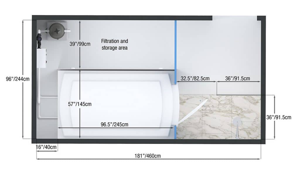 Technical floor plan for a float room suite layout