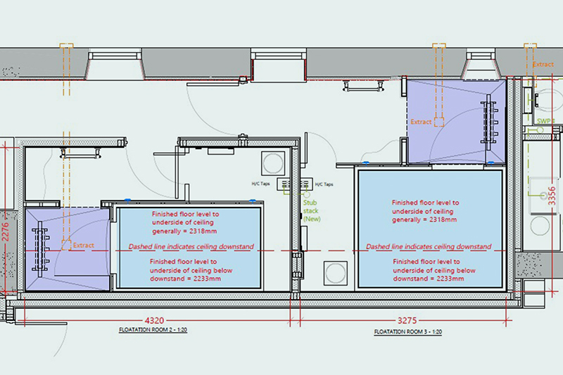 Architectural layout drawing for two of The Forge Therapy Centre’s three float rooms